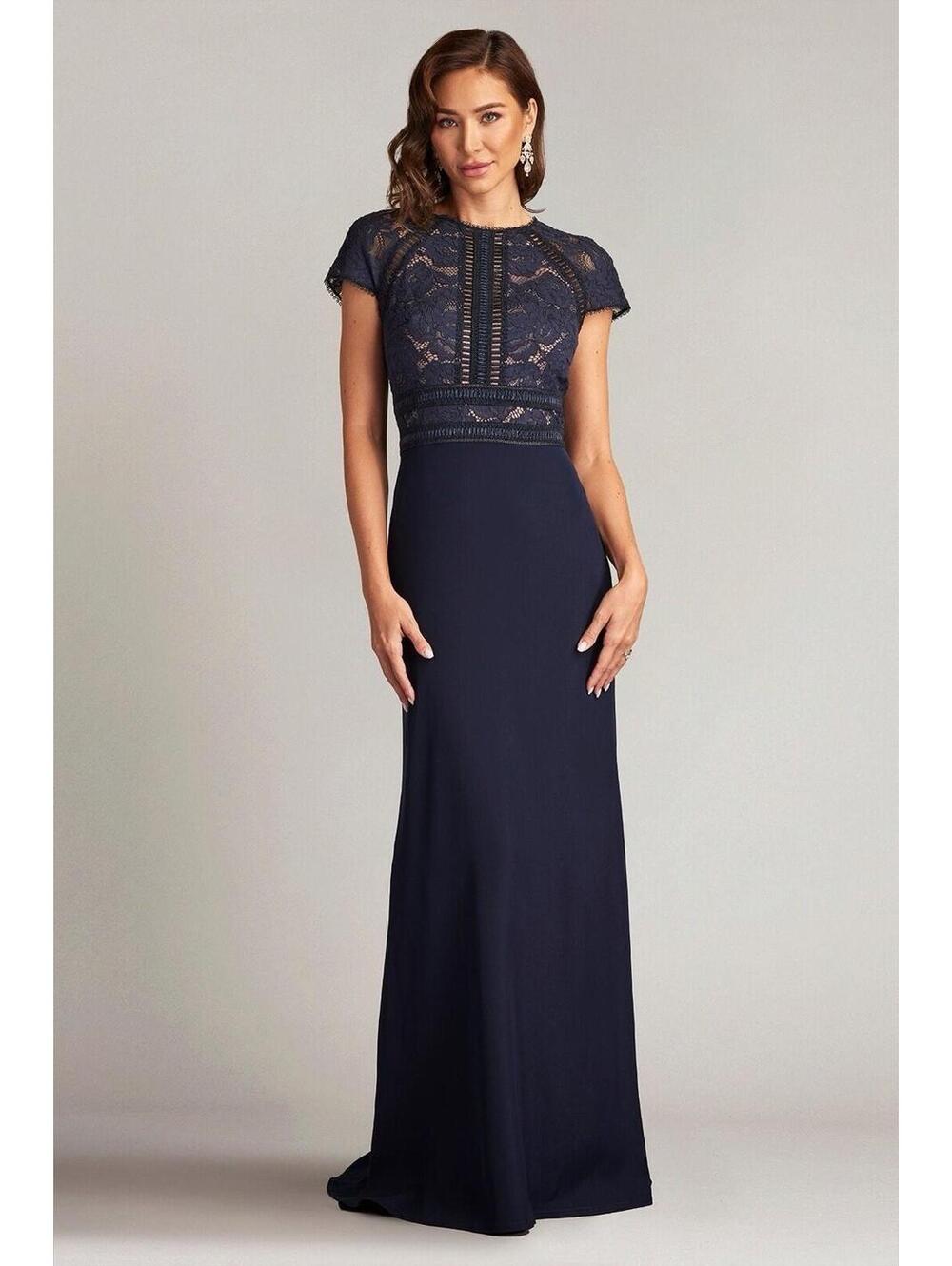 Tadashi Shoji Navy Lace-Top Floor-Length Gown with Cap Sleeves - Picture 3 of 13